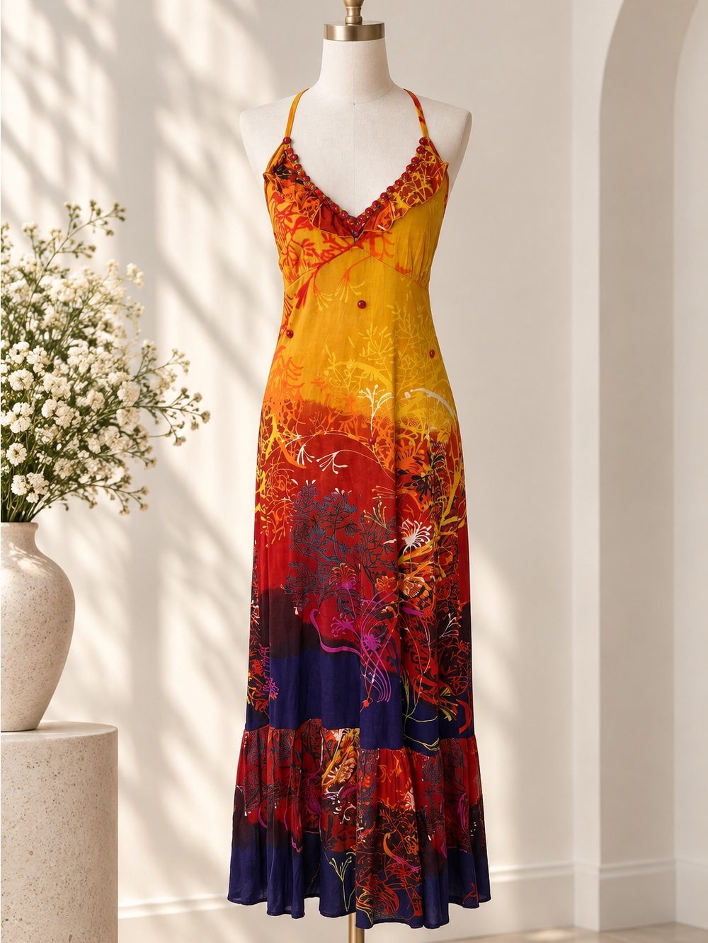 Alberto Makali Beaded Halter Maxi Dress 10 Boho Y2K Art Print 100% Viscose